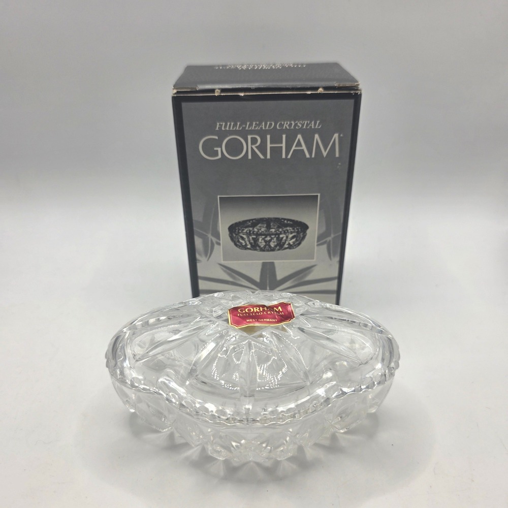 Gorham Full Lead Crystal Trinket Box West Germany Oval Cut Glass with Box